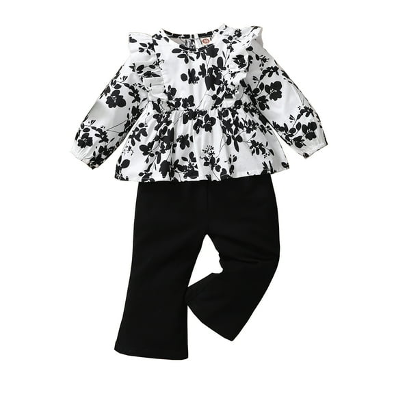 3 Months Baby Girls Clothes 6 Months Girls 2PCS Outfits Set Flower Print Infant Girls Long Sleeve Floral Top Pants Set Black