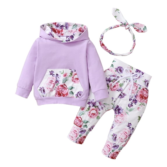 3 Months Baby Girls Clothes 6 Months Girls 3PCS Hoodie Outfits Set Flower Print Newborn Girls Long Sleeve Top Pants Set with Headband Purple
