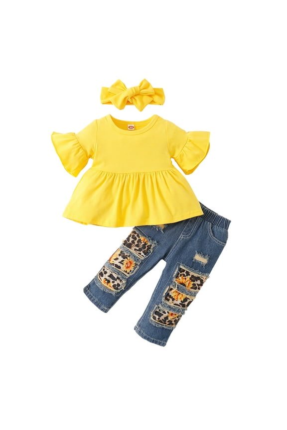 3 Months Baby Girls Clothes 6 Months Girls 3PCS Outfits Infant Girls Flared Sleeve Top Sunflower Patch Jeans Pants Headband Set Yellow