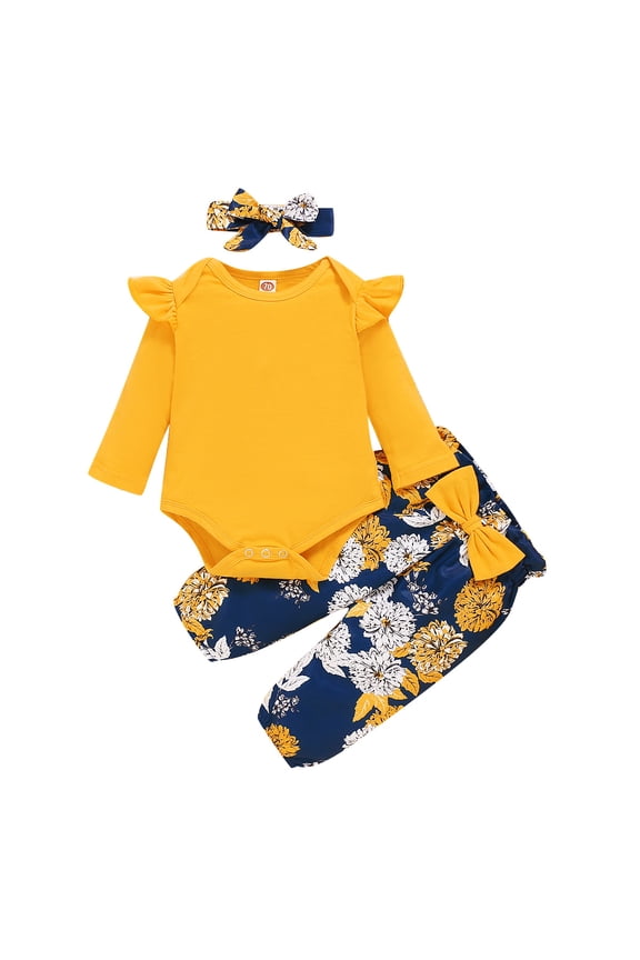 3 Months Baby Girls Clothes 6 Months Girls 3PCS Outfits Set Flower Print Newborn Girls Long Sleeve Top Pants Set with Headband Yellow