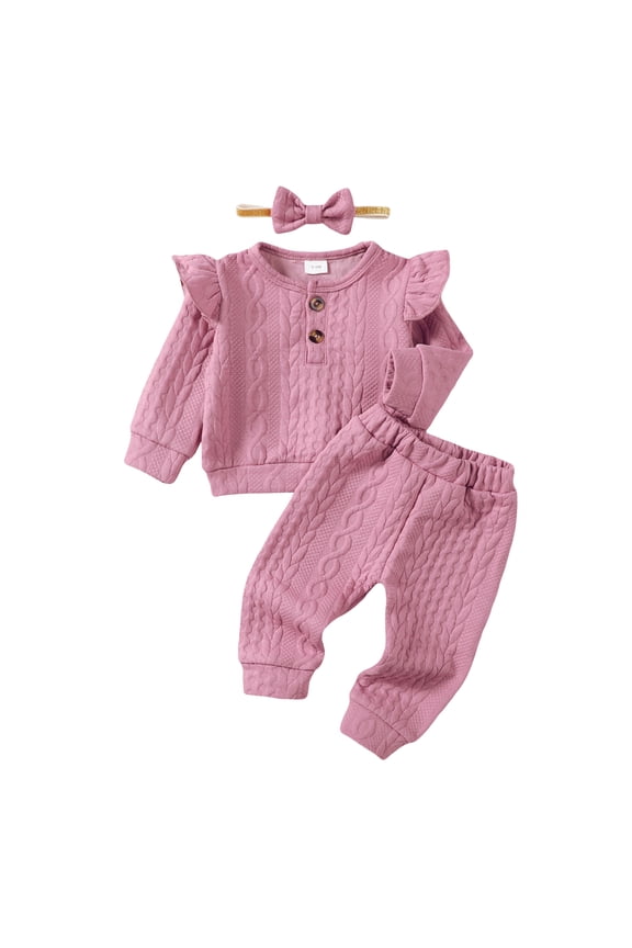 3 Months Baby Girls Clothes 6 Months Girls 3PCS Outfits Set Solid Color Infant Girls Long Sleeve Top Pants Set with Headband Pink