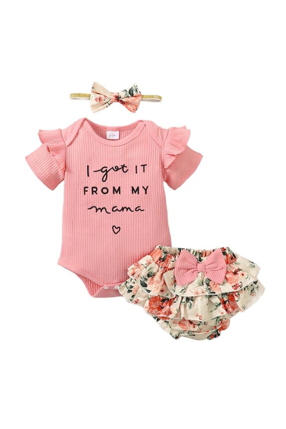 3 Months Baby Girls Clothes 6 Months Girls 3PCS Summer Outfits Letter Print Newborn Girls Short Sleeve Top Shorts Headband Set Pink