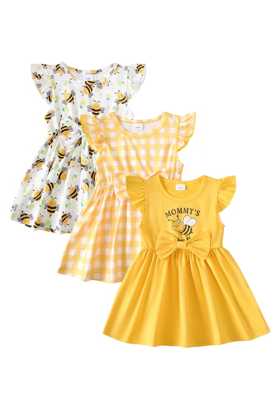 3 Months Baby Girls Dress 6 Months Girls 3 Pack Sleeveless Dress Bees Print Infant Girls Plaid Dress Summer Dress Yellow