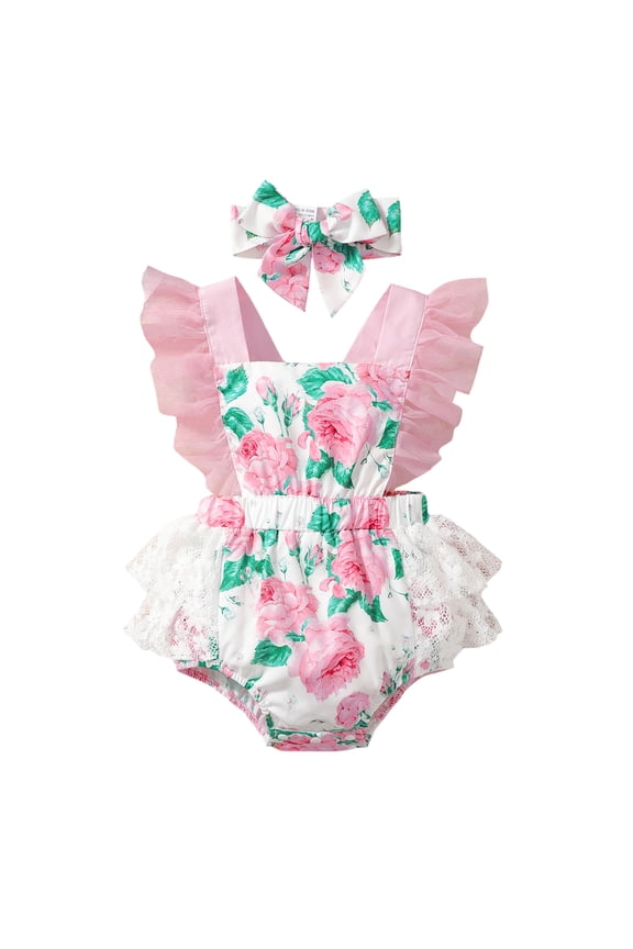3 Months Baby Girls Romper 6 Months Girls One-piece Bodysuit Flower Print Infant Girls Sleeveless Floral Bodysuit with Headband Pink