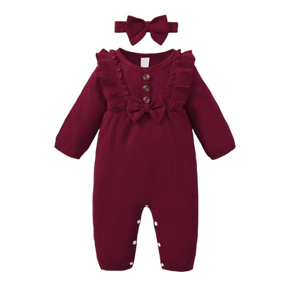 3 Months Baby Girls Romper 6 Months Girls One-piece Bodysuit Solid Color Round Neck Cute Bowknot Newborn Girls Long Sleeve Bodysuit with Headband Red