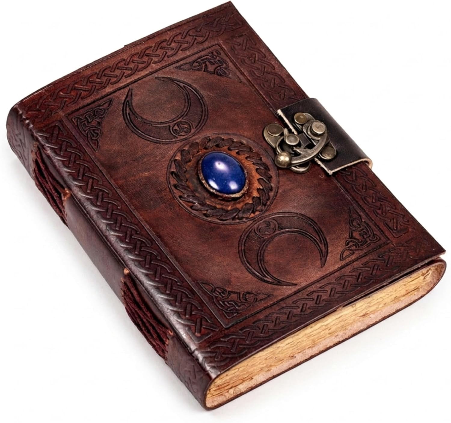 3 Moon Blue Lapis Embossed Vintage Leather Journal for Men & Women - 128 Pages, Antique Handmade Deckle Edge Vintage Paper, Leather Journal Writing Notebook Dairy Gift (5 inch by 7 inch, Brown)