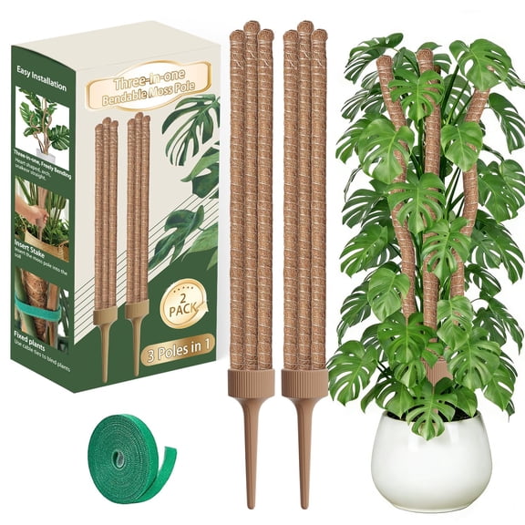 3 Moss Poles In 1 Bendable Monstera Plant Support 30in Tall Stakes For Indoor Plants Coir Pole Climbing Pothos Philodendron-2 Pack