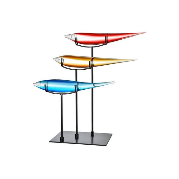 3 Multicolor Fish Glass Sculpture/Figurine in Ebony Black Finish