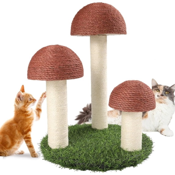 3 Mushroom Pole Cat Scratching Post | Natural Sisal Cat Scratchers with Interactive Toys, Plastic Material for Cats