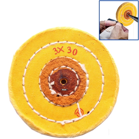 3" Muslin Yellow Buff Wheel Chemkote Treated 30 Ply 3 Row Stiched Leather Center