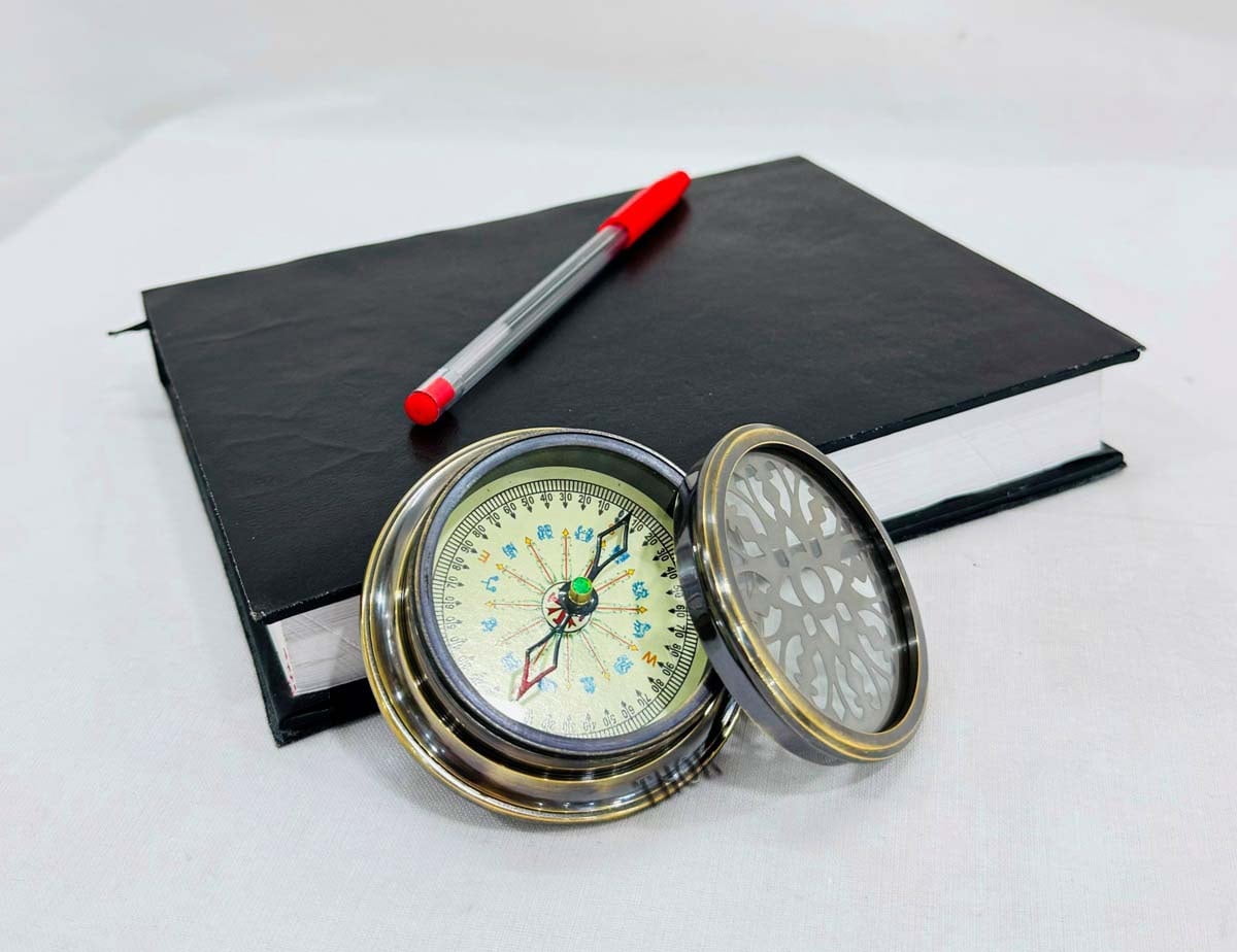 3" Nautical Brass Designer Pattern Direction Compass with Cap, Antique Look, Home Decor Gift Item