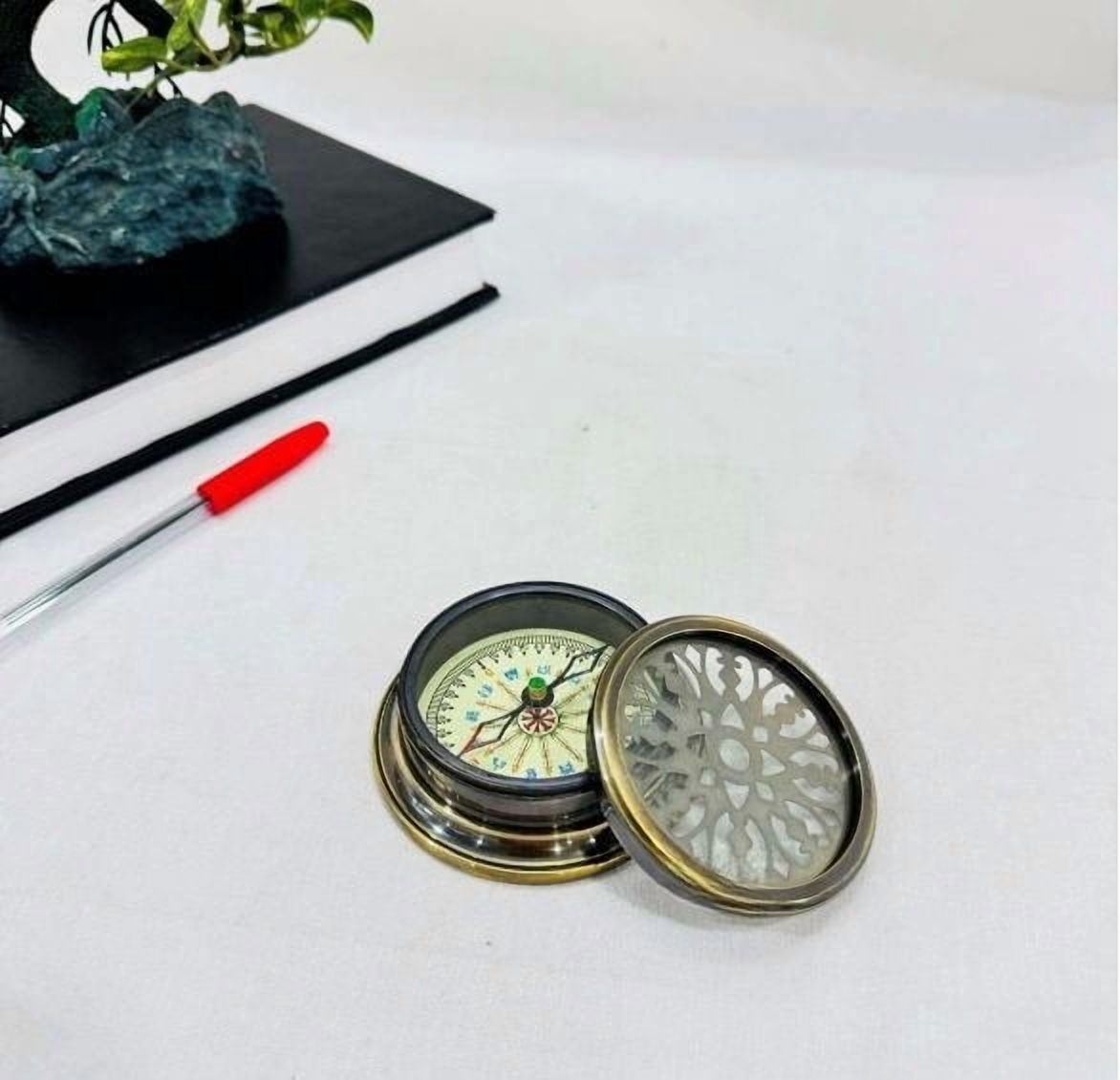 3" Nautical Brass Designer Pattern Direction Compass with Cap, Antique Look, Home Decor Gift Item