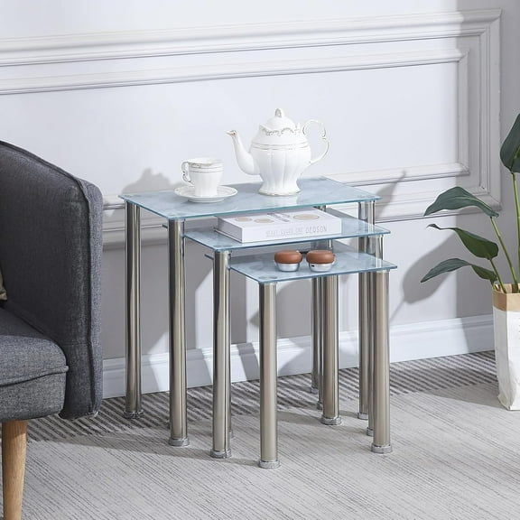 3 Nested Table Glass Living Room Nesting Table Set of 3 End Table for Sofa Side, Nesting Side Coffee Table for Couch, Modern Balcony Nesting Table Set of 3 (Grey)