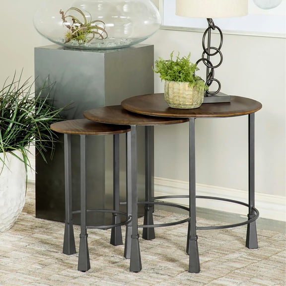 3 Nesting Tables - Mango Wood Tops & Gunmetal Iron Base Art Modern Tables: Finish Touch
