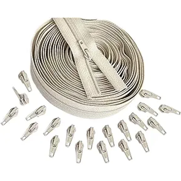 #3 Nylon Coil Continuous Zipper Chain by The Yard Make-A-Zipper 5 Yards with 20 Automatic Lock Zipper Pulls Same Color for DIY Sewing Crafts or Bags (Beige #572)