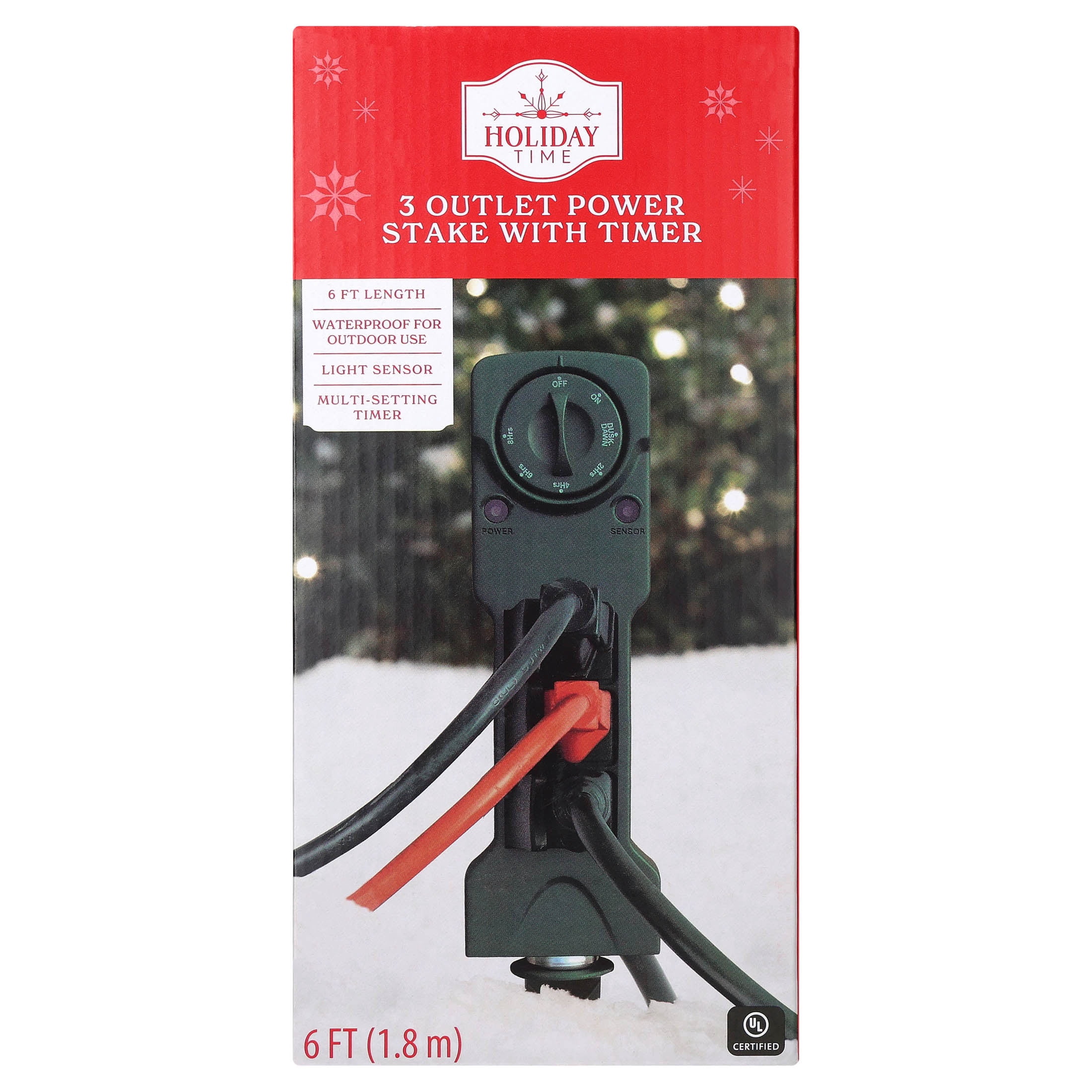 Outdoor 3-Outlet Power Stake with Timer, 1250 Watts, Green, 6', by Holiday Time