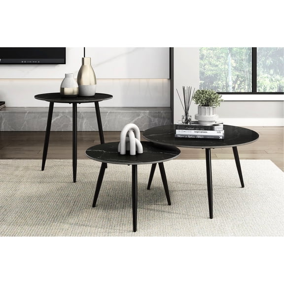 3 Occasional Table In Modern Fashion With Black Sintered Stone Feature And Metal Legs Contemporary Style Top