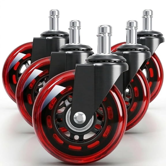 3" Office Chair Wheels for Casters Replacement Set of 5 - Caster Carpet,Computer Wheels,Smooth & Mute Hardwood Floors and Mats. (Red Transparent)