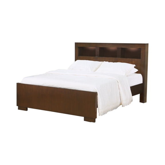 3 Open Bookcase Queen King Size Bed with Soft Light Brown - Saltoro Sherpi