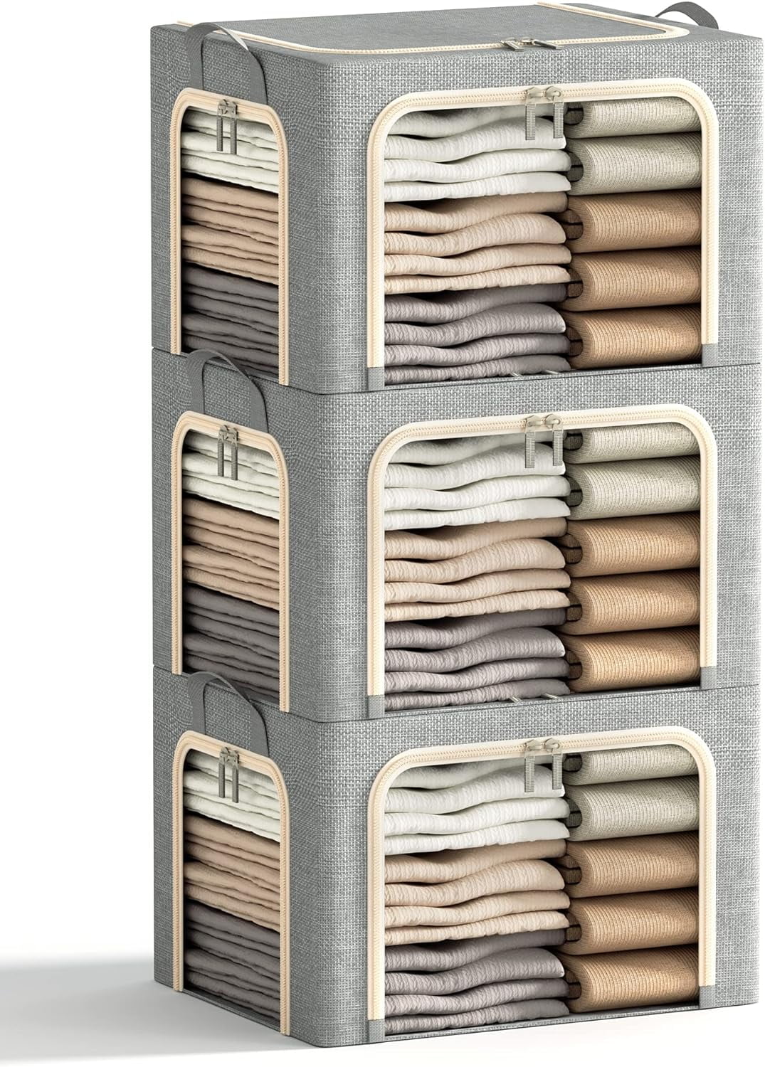Dark Grey Foldable Linen Storage Bins with Clear Windows and Handles, 40L, Set of 3