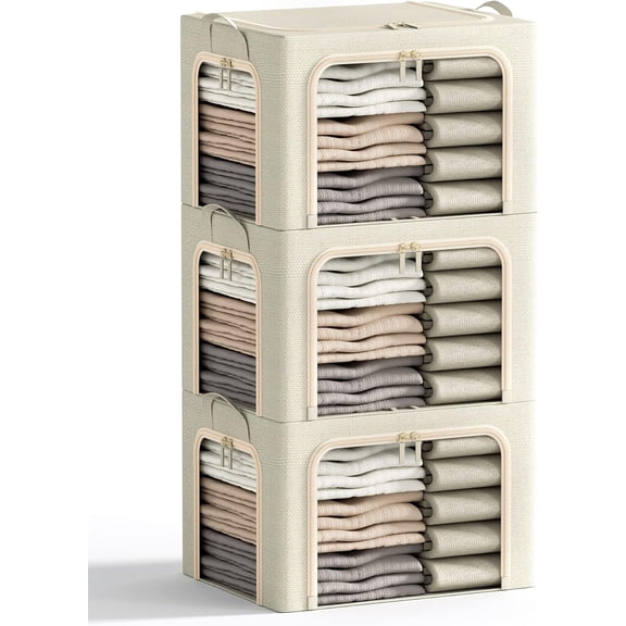 3 Openings Clothes Storage Bins with Metal Frame, Foldable Storage Bin for Clothes, Clothing Storage Bins with Lid, Linen Storage Box With Clear Window＆ Zippers＆ Durable Handles.(3 Pcs,Beige,40L)