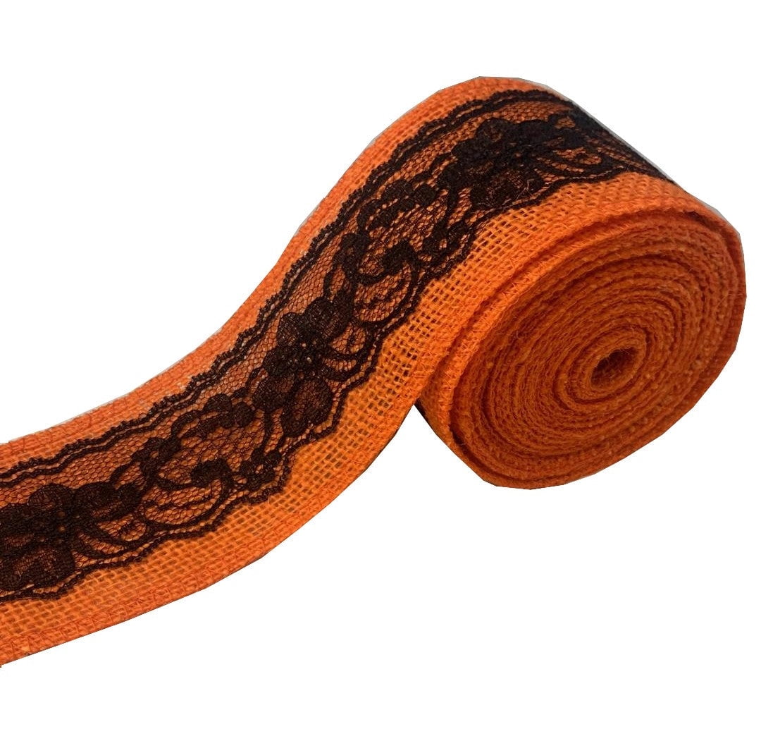 3 Orange Burlap Ribbon W Black Lace 5 Yard Roll Made In Usa-,