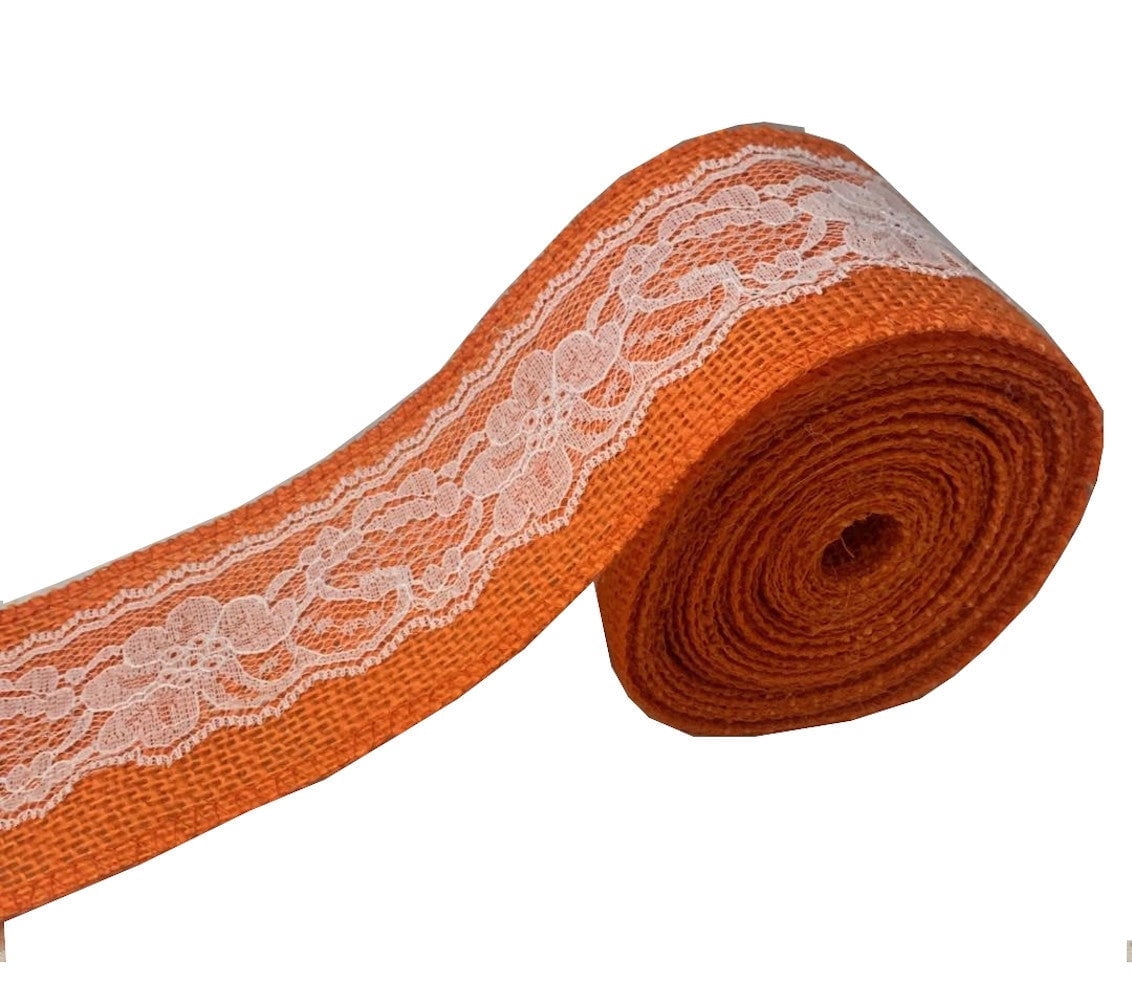 Burlap Fabrics Orange Burlap Ribbon with White Lace - 3 Inch Wide x 5 Yard Roll Serged Edges Made in USA