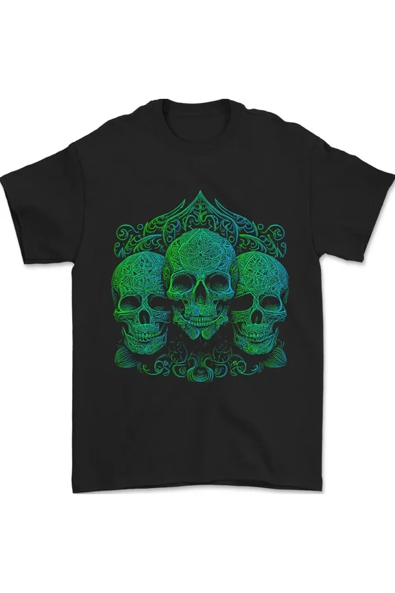 3 Ornate Green Skulls Gothic Goth T-Shirt