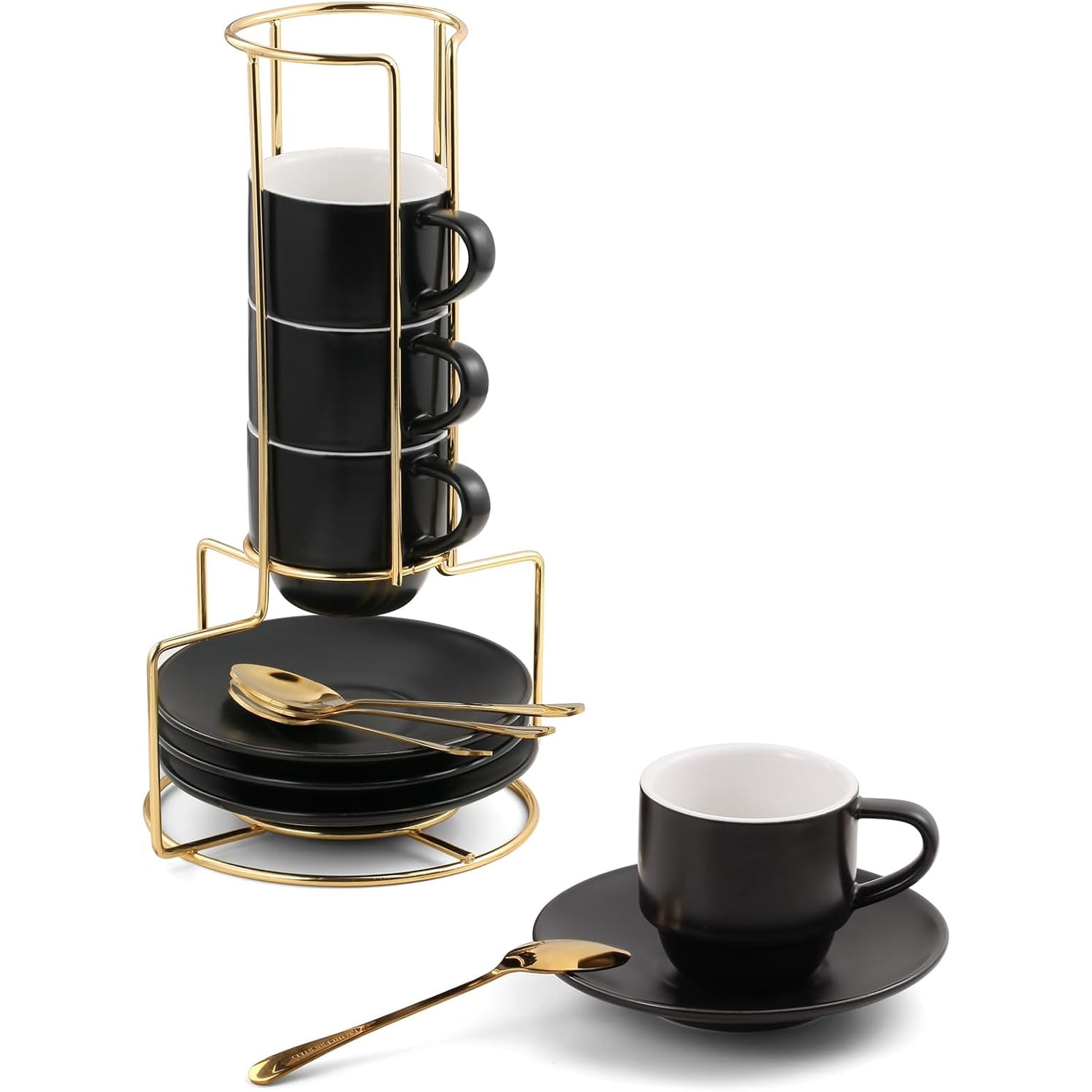 Selamica 4oz Ceramic Espresso Cups With Saucers & Metal Stand - Set Of 4 Assorted Colors