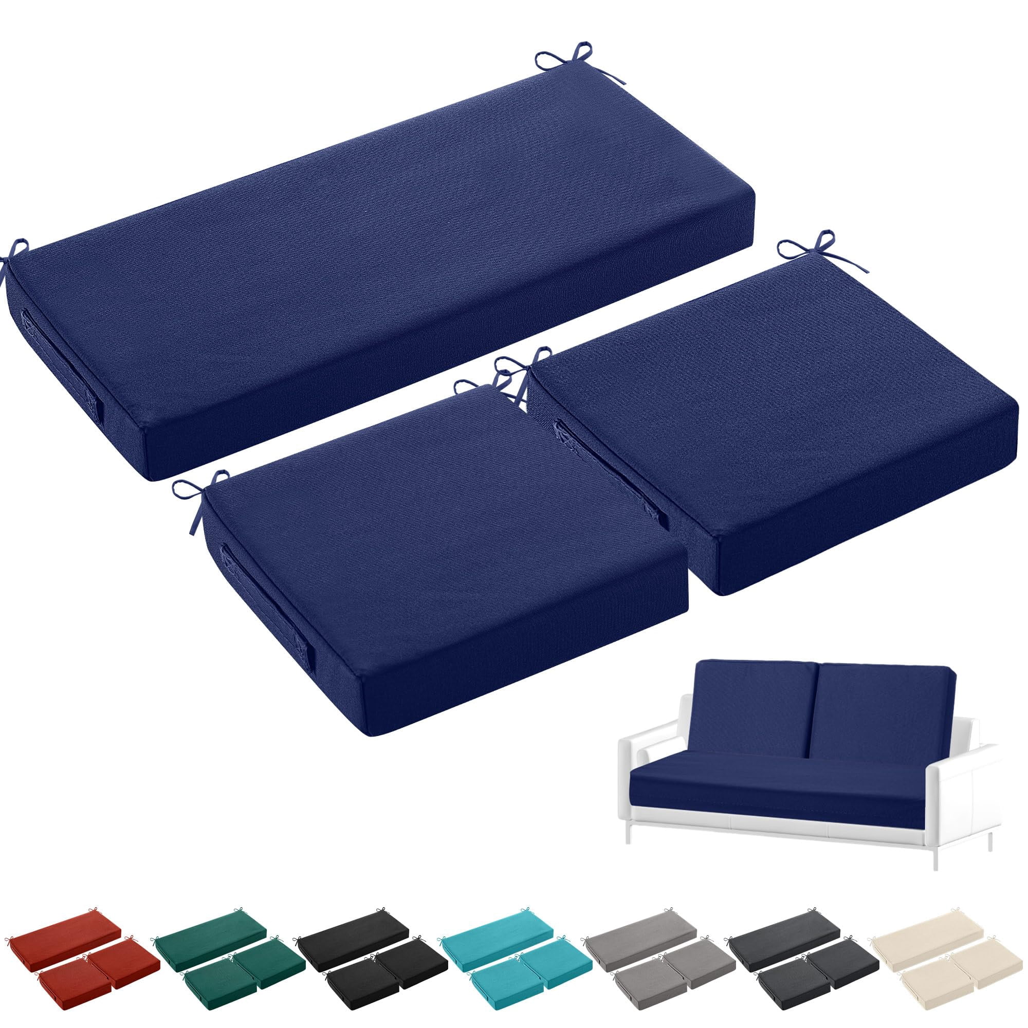 3 Outdoor Chair Cushions Set 44 X 19 Inch Loveseat Tufted Waterproof Patio Furniture Love Seat Pad Cushion For Square Settee Indoor Sofa Wicker Couch Bench(navy Blue)