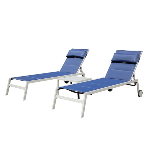 3 Outdoor Chaise Lounge: Aluminum Pool Chairs With Pad & Side Table. Navy Blue, 5 Adjustable Reclining Positions. Breathable, Rust-. Comfortable . For Yard, Balcony, Beach, Poolside Lounge : Padding