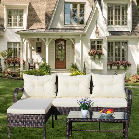 3 Outdoor Patio Patio: Sectional With Comfortable Beige Cushions & Elegant Coffee Table Tie Pin Holder 3 Pieces Outdoor: Soft Practical