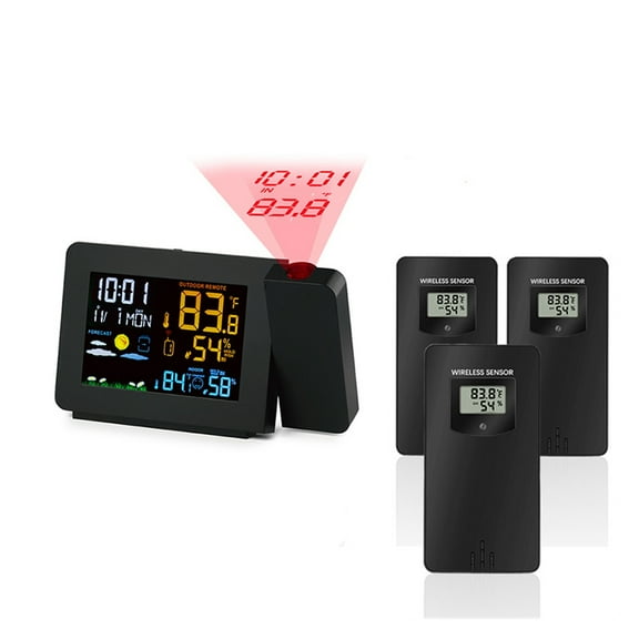 3 Outdoor Sensors Projection Alarm Clock Weather Station Colorful Backlight With Humidity in/outdoor Temperature Time Projector ,Easy to Operate