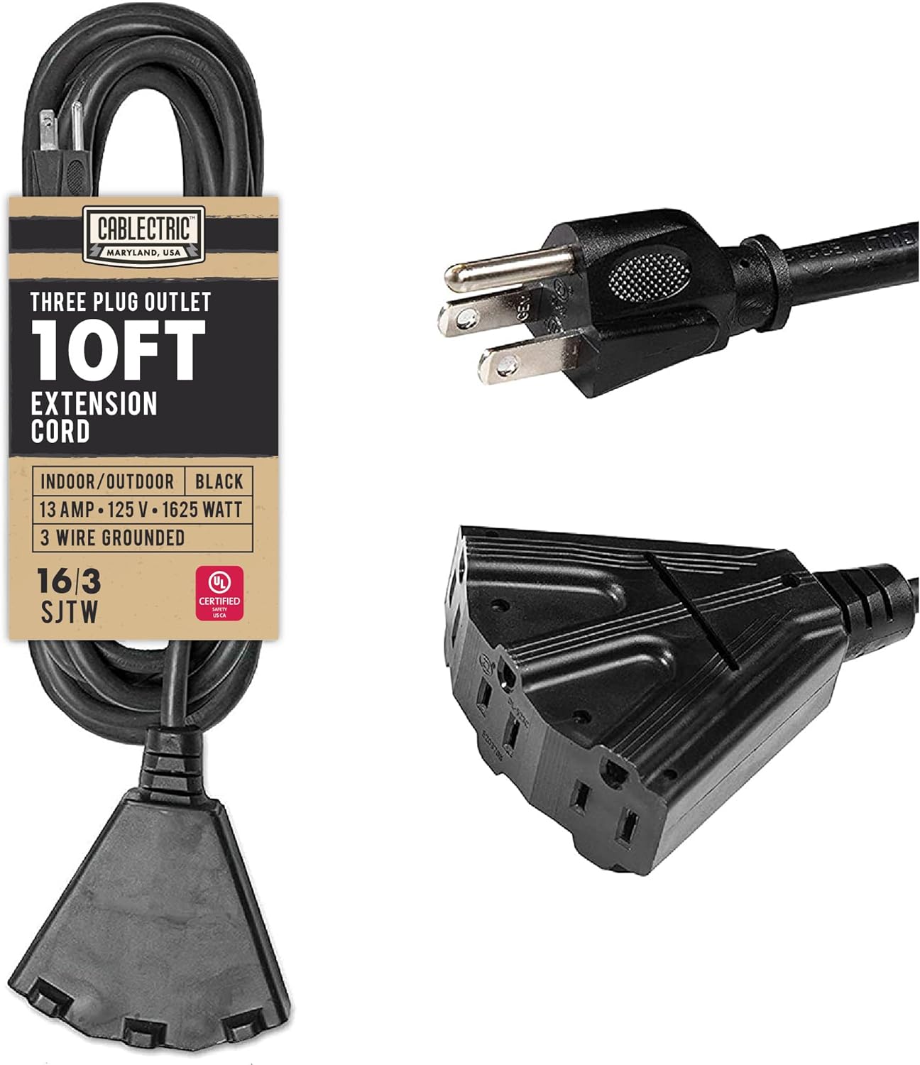 3 Outlet Black Extension Cord 10 ft, 16/3 SJTW Weatherproof Outdoor