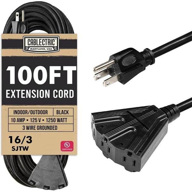 3 Outlet Black Extension Cord 100 ft, 16/3 SJTW Weatherproof Outdoor