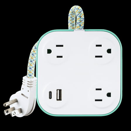 3 Outlet Desktop Surge Protector, 1000J, 4 ft braided cord, 1 USB-A, 1 USB-C, Mint Green