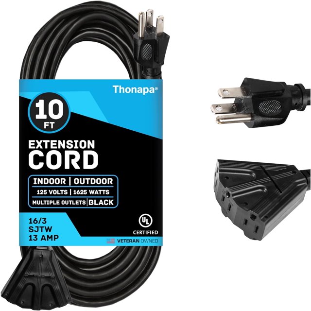 3 Outlet Extension Cord 10 ft, 16/3 SJTW Black Outdoor Extension Cord