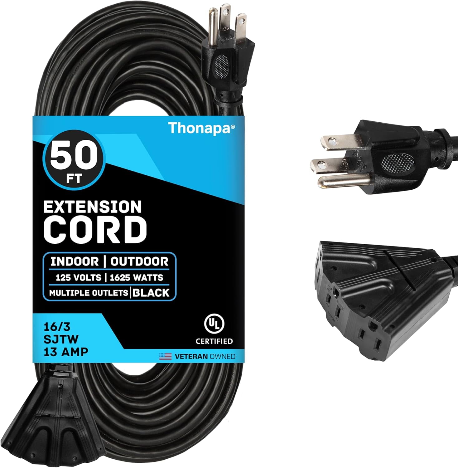 3 Outlet Extension Cord 50 ft, 16/3 SJTW Black Outdoor Extension Cord