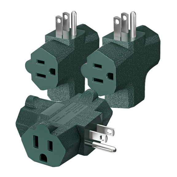 3-Outlet Grounding Adapter, Plug Extender, Heavy-Duty Grounded Power Tap, UL Listed - 3 Pack, Green