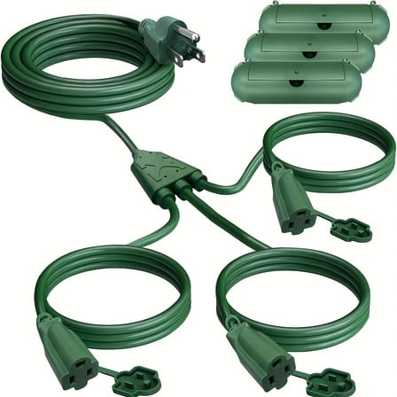 3-Outlet Heavy-Duty Extension Cord Splitter - 13/28/38ft (Total 25/40/50ft) 16/3 SJTW, 3 Covers Green for Indoor/Outdoor Holiday/Christmas Lights