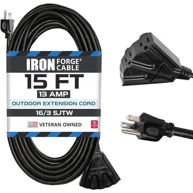 3 Outlet Outdoor Extension Cord 15 ft, 16/3 SJTW Black Extension Cord