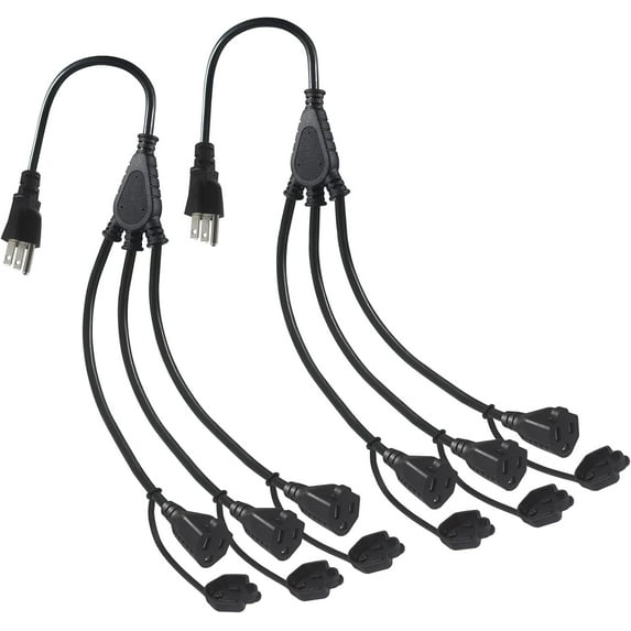 3-Outlet Power Splitter Cord, 1 To 3 Way Outlet Indoor & Outdoor Use Weatherproof Sjtw 16Awg 3 Prong Grounded Extension Cord With Multiple Outlets For Landscape String Lights (1.5Ft 2-Pack)