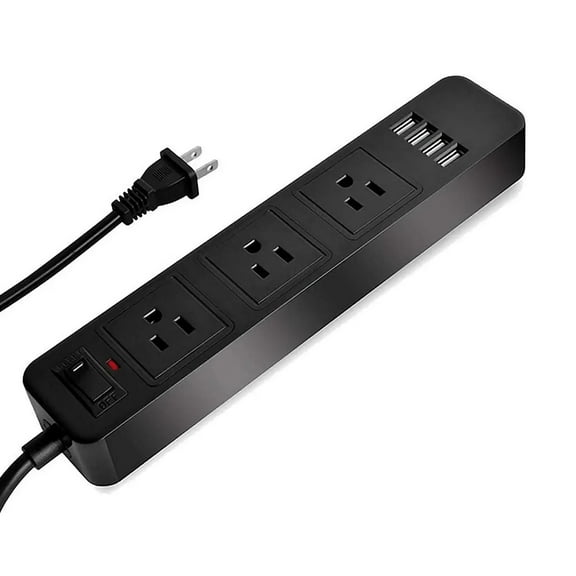 3 - Outlet Power Strip with 4 USB Ports, 6.6ft Extension Cord, Surge Protector, 2-Prong to 3-Prong Adapter (Black)
