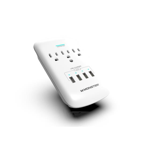 White 3-Outlet Wall Tap Surge Protector with 4 USB Ports