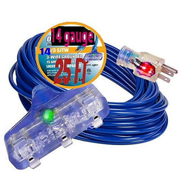 3 Outlet heavy duty 14 gauge 25 ft extension cord outdoor / Indoor15AMP 125V, 1875 WATTS extension cord 25 ft 14/3 triple outlet extension cord 14 gauge lighted