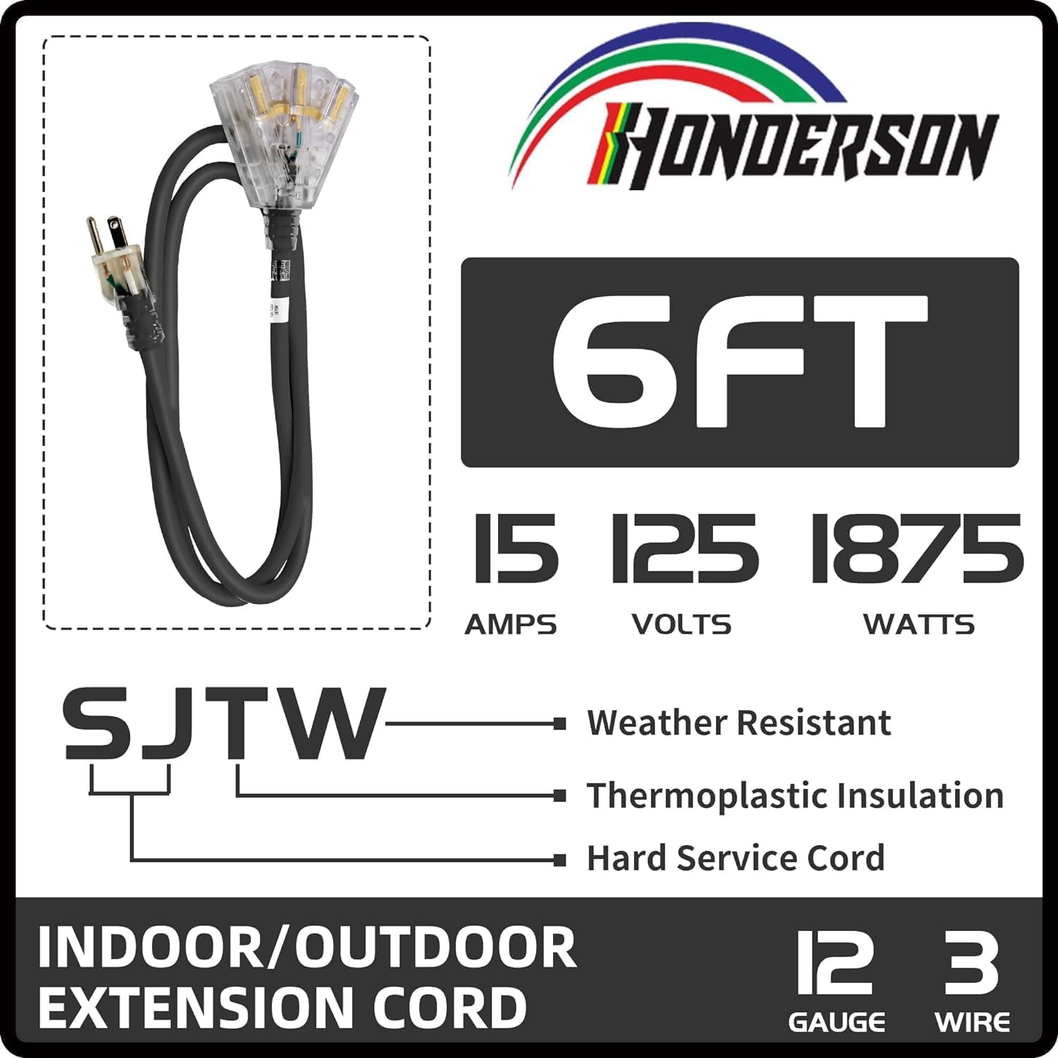 3-Outlets Indoor Outdoor Extension Cord Weatherproof with Lighted End, UL Certified, 12 Gauge 6FT Black 3 Prong Heavy Duty, 12/3 SJTW 15A Power Cord