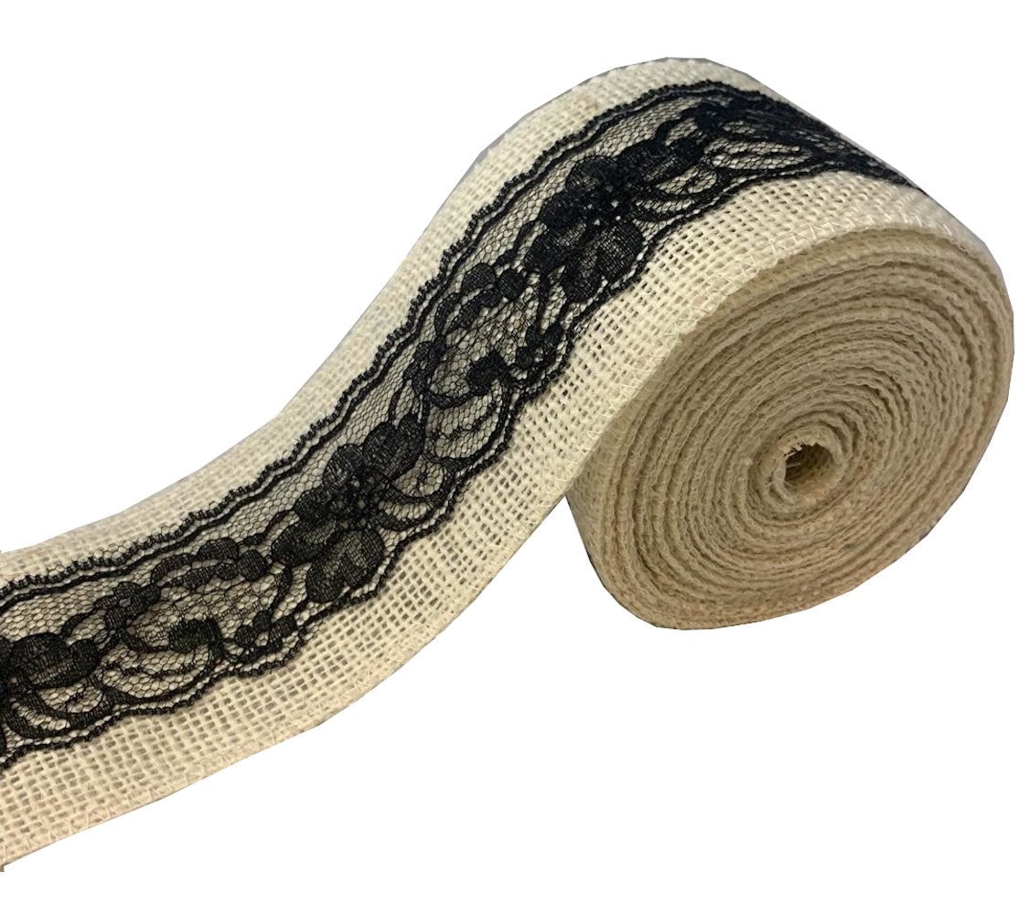 3 Oyster Burlap Ribbon W Black Lace 5 Yard Roll Made In Usa-,