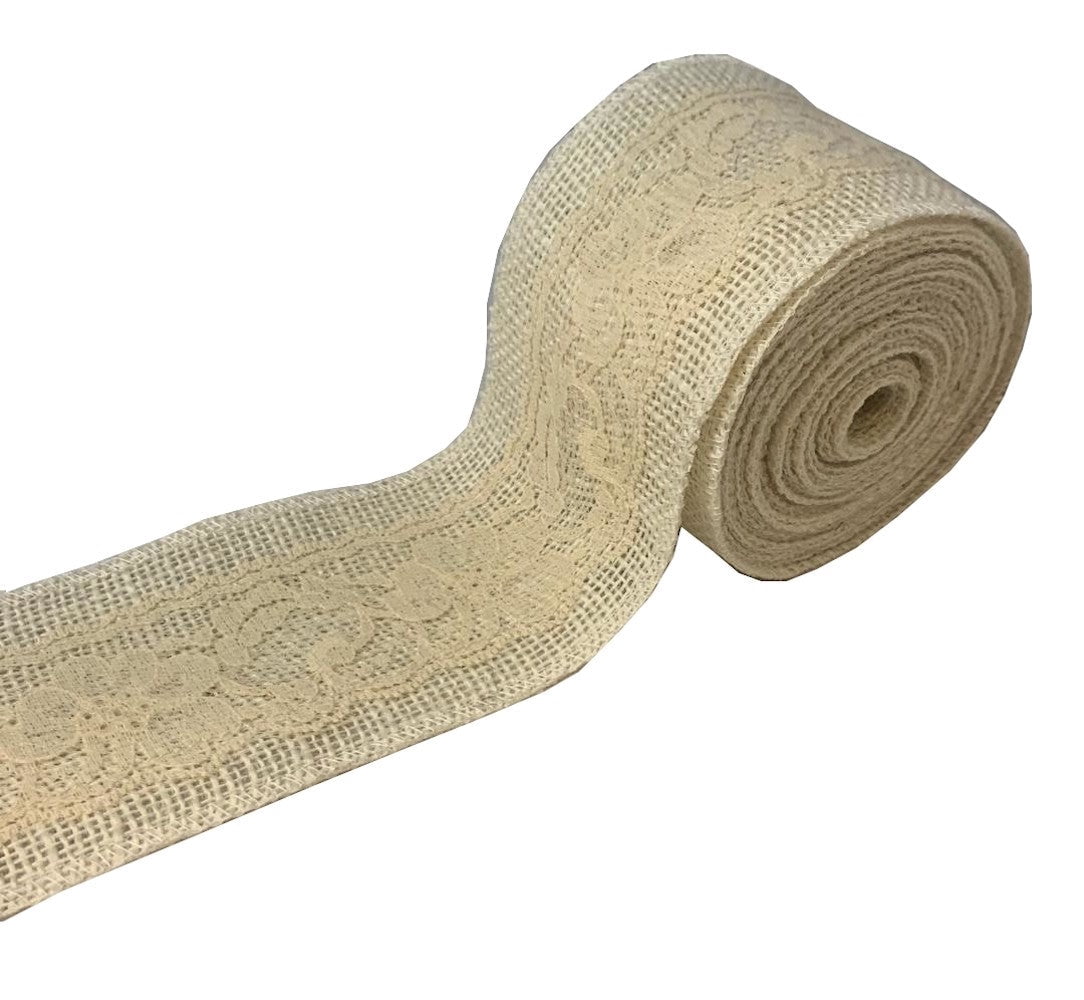 3 Oyster Burlap Ribbon W Ivory Lace 5 Yard Roll Made In Usa-,