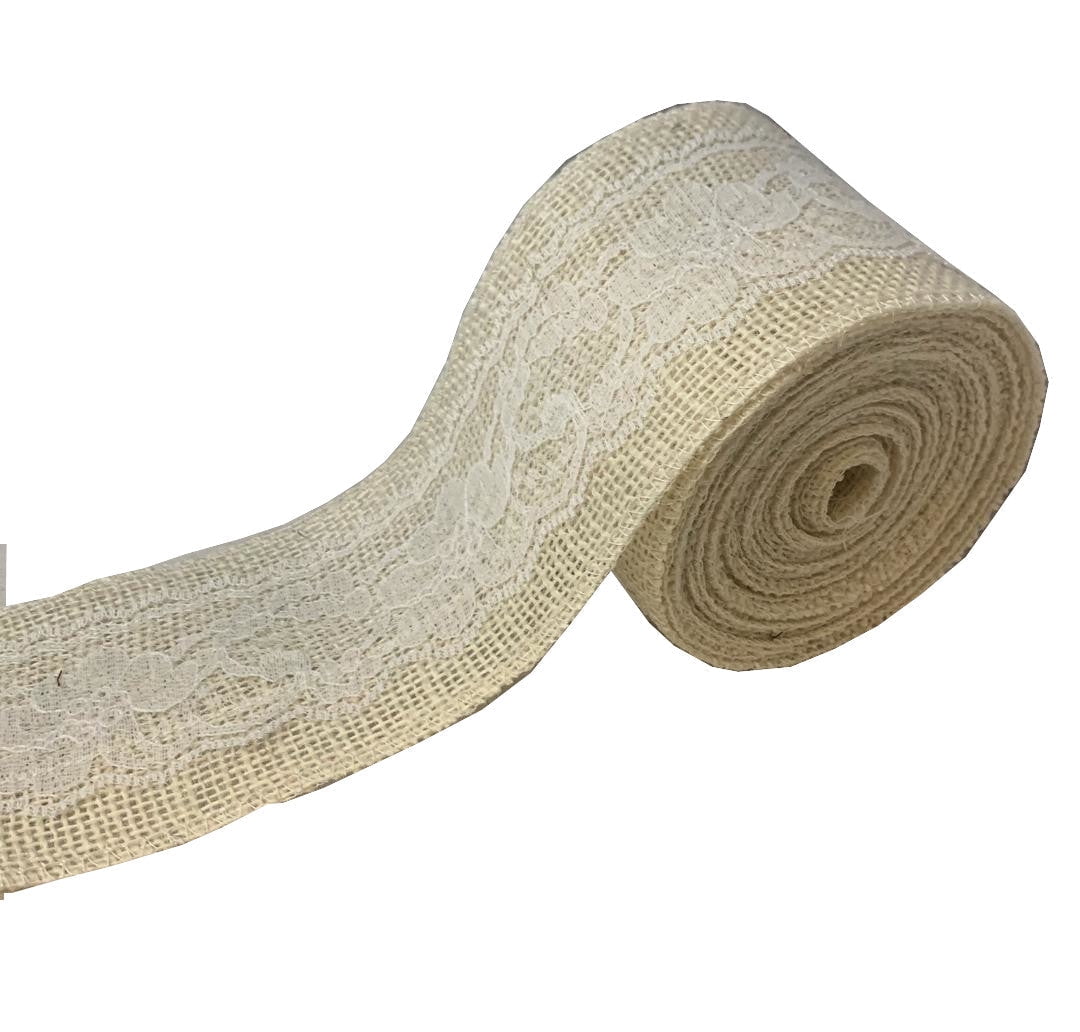 3 Oyster Burlap Ribbon W White Lace 5 Yard Roll Made In Usa-,
