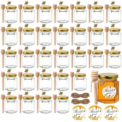 3 Oz Hexagonal Mini Glass Honey Jar with Wooden Dips,30 Honey Jars with Gold Lid
